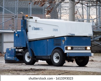 Toronto Canada, January 12, 2020; A City Of Parks And Recreation Ice Surfacing Machine, Zamboni, At An Outdoor Hockey Rink In Winter In The Beaches Area