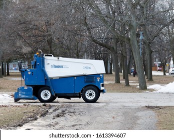 Toronto Canada, January 12, 2020; A City Of Parks And Recreation Ice Surfacing Machine, Zamboni, At An Outdoor Hockey Rink In Winter In A Park In The Beaches Area