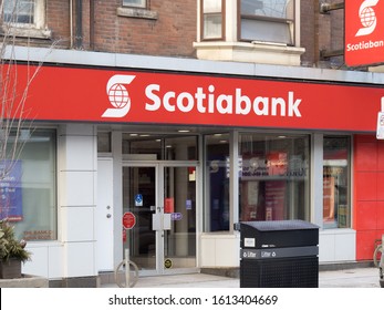 Toronto Canada, January 12, 2020; A Bank of Nova Scotia Scotiabank branch on Queen Street in the Beaches residential area in East end Toronto