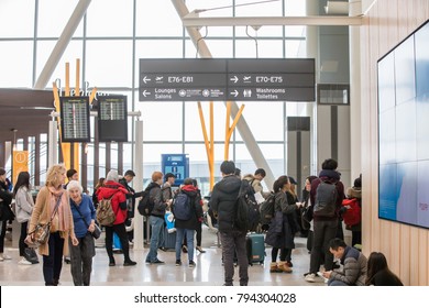 TORONTO, CANADA - JANUARY 2, 2018: PEOPLE AT TORONTO PEARSON INTERNATIONAL AIRPORT TERMINAL 1. 