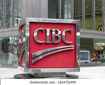 Toronto Canada January 23, 2020; Canadian Imperial Bank of Commerce CIBC main branch cornerstone logo at Commerce Court in the Toronto financial district