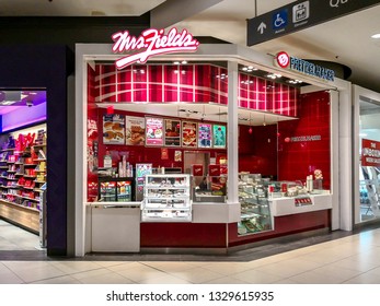 Toronto, Canada - January 4, 2019: Mrs. Fields booth in Eaton Centre shopping mall in Toronto, Canada, Mrs. Fields' Original Cookies Inc. is an American franchisor in the snack food industry.