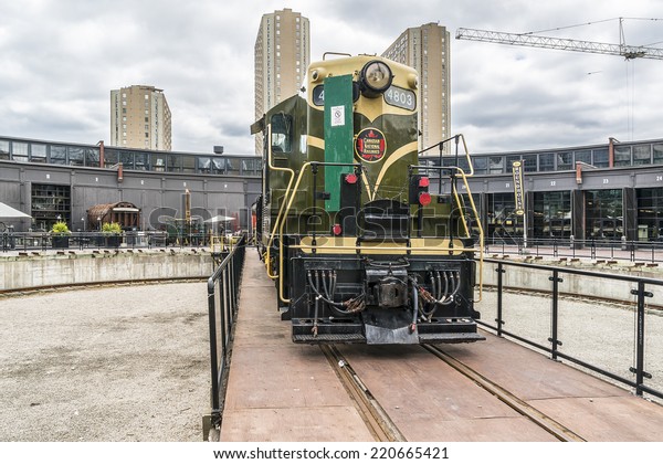 TORONTO, CANADA - JULY 23, 2014: Toronto Railway\
Museum includes historical locomotives and cars while presenting a\
history of railroad in Canada. Museum is a 17 acre park in former\
Railway Lands.