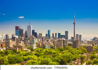 TORONTO, CANADA - JULY 24, 2013: Beautiful Summer Sunny Day Panorama Of Toronto Downtown Skyline With CN Tower