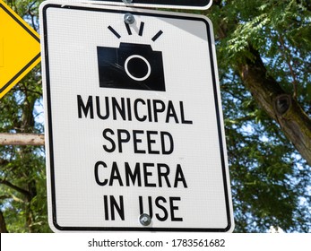 Toronto Canada, July 25, 2020; Sign warning of Photo radar speed camera