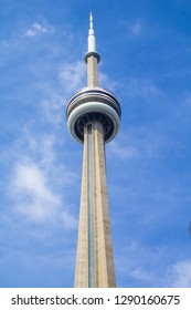TORONTO, CANADA - JULY 28, 2016. Top of the CN Tower seen from the base on a sunny day.