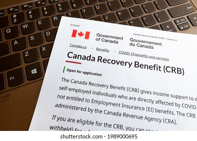 Toronto, Canada - June 10, 2021: One Page Of Canada Recovery Benefit (CRB) Application Instruction. CRB Gives Income Support To Employed And Self-employed Individuals Who Are Affected By COVID-19. 