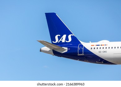 Toronto Canada, June 10, 2022; Rudder And Tail Plane Logo Of A SAS Scandinavian Airlines Airbus A321 Jet Airliner Arriving For Landing At Toronto Pearson Airport YYZ