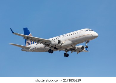 Toronto Canada, June 10, 2022; A United Airlines Express Embraer 170 Jet Airliner Arriving For Landing At Toronto Pearson Airport YYZ