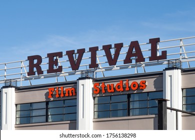 Toronto Canada, June 14, 2020; The Sign On The Main Sound Stage Building Of Revival Film Studios On Eastern Avenue In Toronto