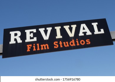 Toronto Canada, June 14, 2020; The Revival Film Studio Sign On The Back Lot Gate On Lakeshore Road