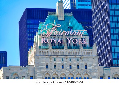 Toronto, Canada -June 16: Famous Landmark Fairmont Royal York Hotel in Toronto facing Ontario Lake harbor