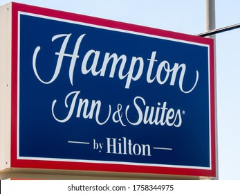 Toronto Canada, June 17, 2020; The roadside pillar sign for Hilton Hotel Hampton Inn and Suites in Markham north of Toronto