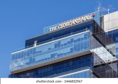 Toronto, Canada - June 19, 2018:  Sign Of Globe And Mail On The Headquarters Office Building In Toronto. The Globe And Mail Is A Canadian Newspaper Printed In Five Cities In Western And Central Canada