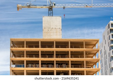 Toronto, Canada, June 19, 2022; A Mass Timber Construction Multi Story, Sustainable Residential High Rise Apartment Building Development On Toronto's Waterfront Showing The Wood Balconies And Supports