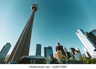 TORONTO, CANADA - June 2022: CN Tower View From Toronto Downtown, Ontario, Canada