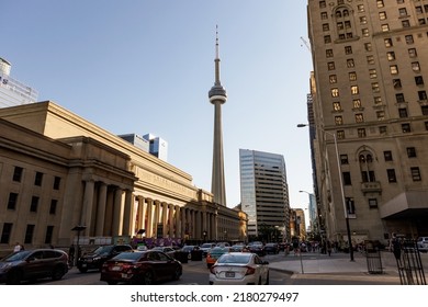 TORONTO, CANADA - June 2022: CN Tower View From Toronto Downtown, Ontario, Canada