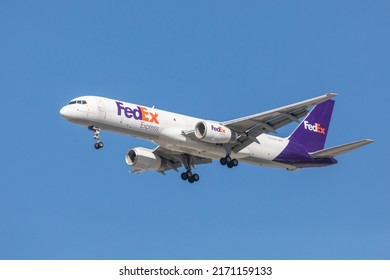 Toronto Canada, June 22, 2022; A FedEx Boeing 757 cargo jet airliner arriving for landing at Toronto Pearson airport YYZ Federal Express distribution centre