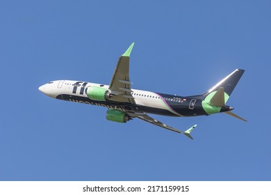 Toronto, Canada, June 22, 2022; A Flair Airlines Boeing 737 Max 8 take off from Toronto Pearson Airport YYZ