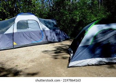 Toronto Canada June 22 2022 Large Family Tents On A Campsite Campground. Group Camping Vacation. Family Camping Trip