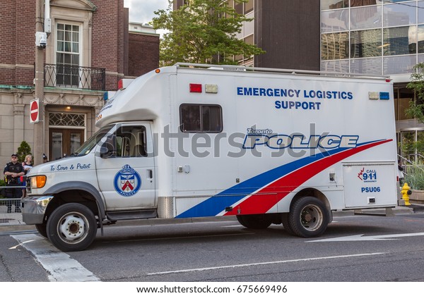 Toronto, Canada -\
June 24, 2017: A Police car for emergency logistics parked on the\
street in Toronto. The Toronto Police Service is the largest\
municipal police service in\
Canada.\
