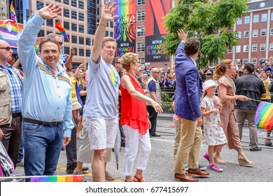 TORONTO, CANADA - JUNE 25, 2017: National Chief Perry Bellegard, Toronto Mayor John Tory, Ontario Premier Kathleen Wynne, Canadian Prime Minister Justin Trudeau, Sophie Grégoire Trudeau At Parade.