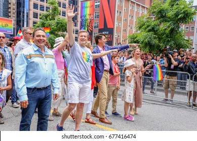 TORONTO, CANADA - JUNE 25, 2017: National Chief Perry Bellegard, Toronto Mayor John Tory, Ontario Premier Kathleen Wynne, Canadian Prime Minister Justin Trudeau, Sophie Grégoire Trudeau At Parade.