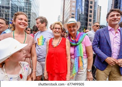 TORONTO, CANADA - JUNE 25, 2017: National Chief Perry Bellegard, Sophie Grégoire Trudeau, Mayor John Tory, Ontario Premier Kathleen Wynne, Jane Rounthwaite, Prime Minister Justin Trudeau At Pride.