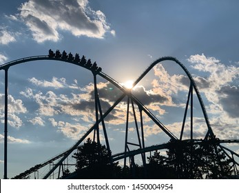 TORONTO, CANADA - June 27 2019: Canada's Wonderland Amusement Park Rides And Roller Coasters. Top Rides Are Leviathan, Yakun Striker, Bahamoth, The Bat, Flight Deck, Time Warp.