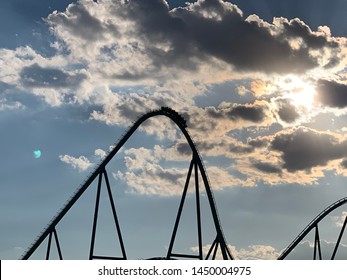 TORONTO, CANADA - June 27 2019: Canada's Wonderland Amusement Park Rides And Roller Coasters. Top Rides Are Leviathan, Yakun Striker, Bahamoth, The Bat, Flight Deck, Time Warp.