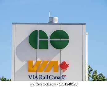 Toronto Canada, June 7, 2020; GO Transit And VIA Rail Sign On The Side Of The Guildwood Commuter Train Station On Kingston Road In Toronto