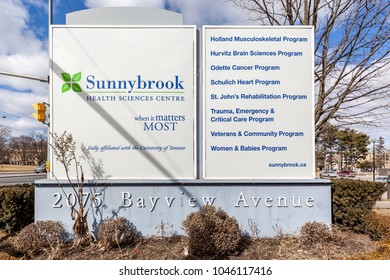 Toronto, Canada - March 11, 2018: Sunnybrook Hospital Sign At The Entrance. Sunnybrook Is An Academic Health Sciences Centre Located In Toronto. 