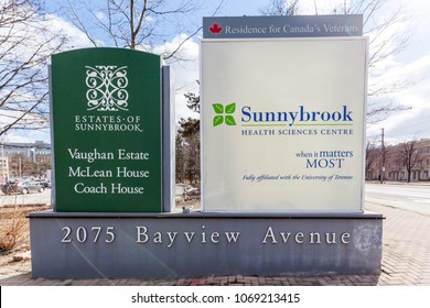 Toronto, Canada - March 11, 2018: Sunnybrook Hospital Sign At The Entrance In Toronto, Canada.  Sunnybrook Is An Academic Health Sciences Centre.  