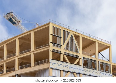 Toronto, Canada, March 14, 2022; The Wood Vertical Supports And Interior Ceilings Of A Mass (solid) Timber Multi Story Construction Project At Centennial College.