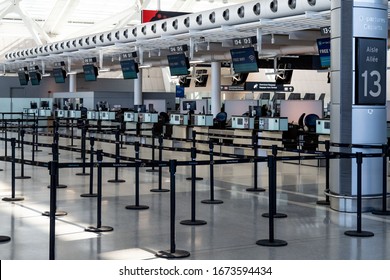 Toronto Canada, March 15, 2020; Empty Departures Check In Area At Toronto Pearson YYZ Airport