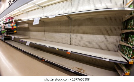 TORONTO CANADA - MARCH 15 2020: Panic Buying Due To Corona Virus Or Covid 19 Pandemic Scare Led To Bare Shelves At Grocery Stores In Toronto, Ontario