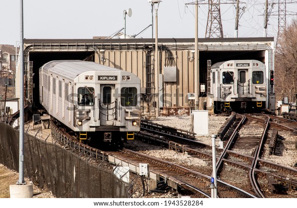 Toronto Canada, March 25, 2021; A Toronto Transit\
Commission TTC subway at a portion where the track is above ground,\
in this case at Warden\
Station
