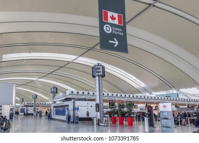 Toronto, Canada- March 28, 2018: Interior view of Toronto Pearson Airport in Toronto, Canada. Pearson is the largest and busiest airport in Canada.