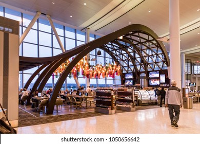 Toronto, Canada - March 2nd 2018: Modern interior Toronto Pearson International Airport. Contemporary architecture inside of the Toronto Pearson International Airport