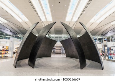Toronto, Canada - March 2nd 2018: Modern interior Toronto Pearson International Airport. Contemporary architecture inside of the Toronto Pearson International Airport