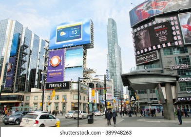 TORONTO, CANADA - March 9, 2016: Yonge Dundas commercial square illuminated by commercial billboards