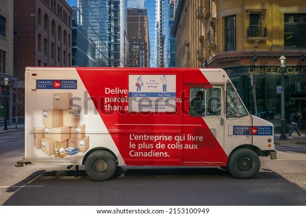 TORONTO, CANADA - MAY 04 , 2022:  Canada Post\
truck on the Yonge Street in\
Downtown