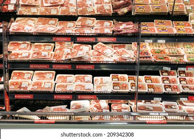 TORONTO, CANADA - MAY 06, 2014: Meat And Poultry Section In A Supermarket. Meat Industry Is The Largest Sector Of The North America Food Manufacturing Industry.