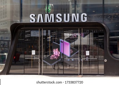 Toronto, Canada - May 16, 2020: Samsung store at Eaton Centre in Toronto, Canada. Samsung is a South Korean multinational conglomerate.  