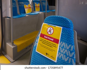 TORONTO, CANADA - MAY 19, 2020 : Seat Closed Sign Due To The COVID 19 Pandemic In A York Region Transit Bus 