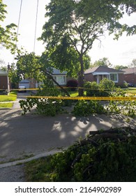 Toronto Canada May 24: Residential Street Closed Off With Yellow Caution Tape Due To Fallen Tree During A Wind Storm. Severe Weather, Heavy Rain, Hailstorm, Strong Winds, Tornadoes, Hurricane Concept.