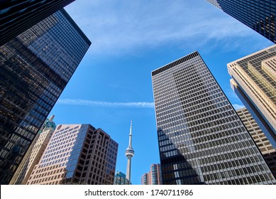 Toronto, Canada - May 25 2008: Vertical Image Of CN Tower And Town Center. Tall Buildings On A Sunny Day With Bright Blue Sky, View Between The Tall Office Buildings, No People.