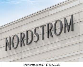 Toronto Canada, May 27, 2020; Close up of the brand sign at Canadian branch of Nordstrom department store in the Sherway Gardens shopping mall