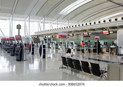 TORONTO, CANADA - MAY 29, 2014: Check-in counters at Pearson International Airport in Toronto, Ontario, Canada. Pearson is the largest and busiest airport in Canada.
