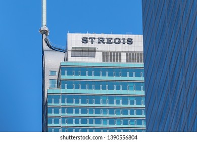 Toronto, Canada - May 6, 2019:  The St. Regis Toronto Sign On The Top Of The Building Is Seen In Toronto. St. Regis Is A 5-star Hotel, Part Of The Marriott Family Of Hotels. 